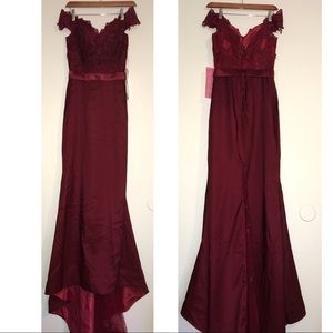 Red off the shoulder cap sleeve prom dress